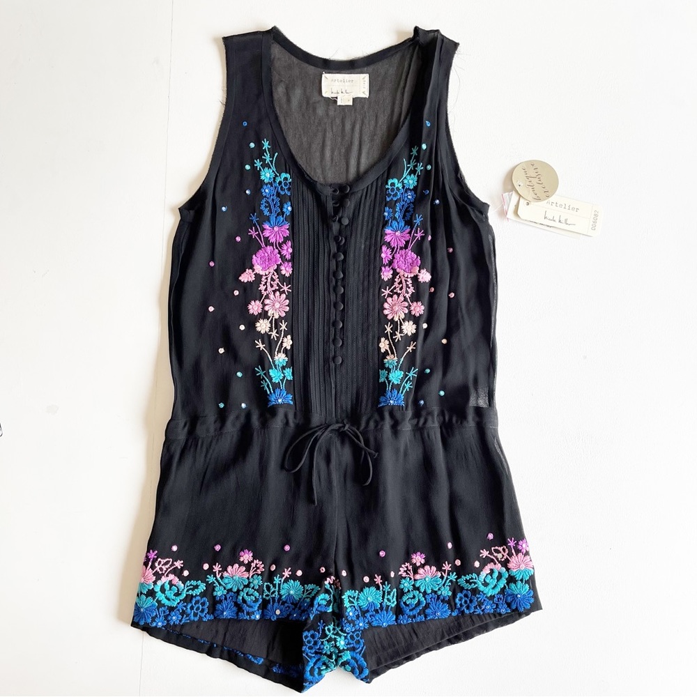 Artelier Nicole Miller Black Embroidered Rayon Romper Size P or XS Fairy